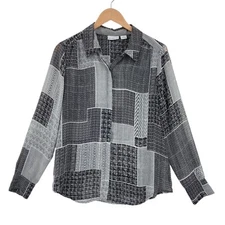 Liz Claiborne Women Black & White Long Sleeve Inside Button-Up Shirt Top Medium