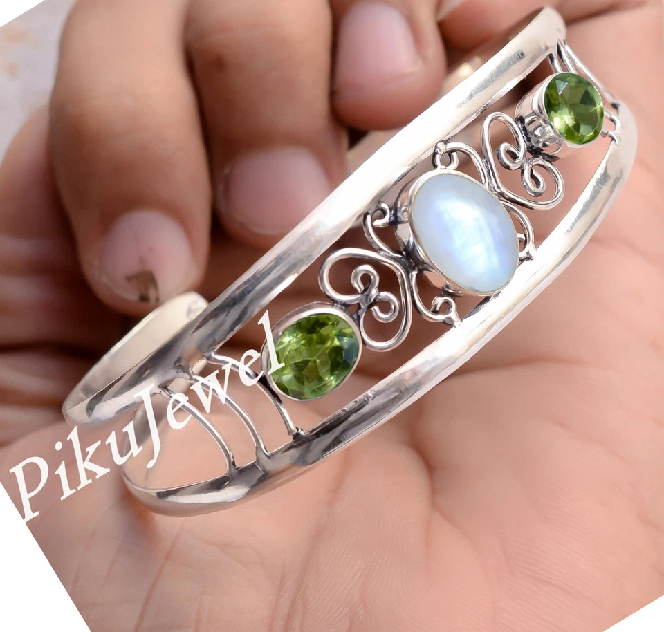 Mondstein & facettierter Peridot Edelstein 925 Sterling Silber Armreif schöne... - Bild 2 von 4