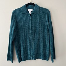 Alfred Dunner Teal Green Chenille Cable Knit Full Zip Cardigan Sweater Womens S