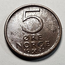 1981 Norway 5 Five Ore - Norwegian Coin - Bronze - World Coin - Europe