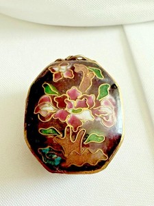 Vintage Cloisonne Enamel Pillbox Pendant Maroon With Colorful Floral Motif 60s