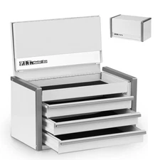 P.I.T. Mini White Tool Box, Portable 3 Drawer Steel Stackable Tool Box with M...