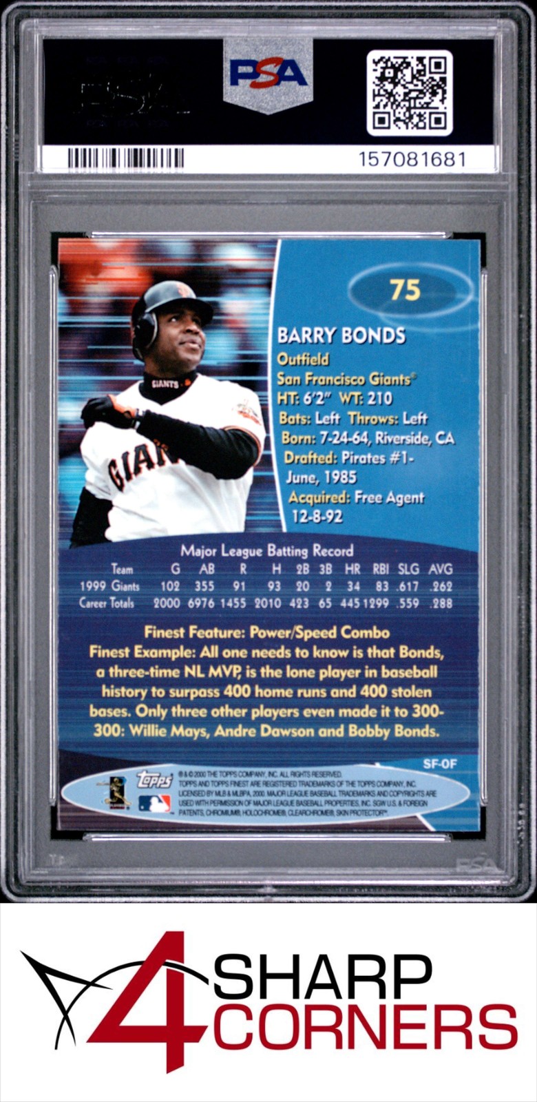 2000 FINEST #75 BARRY BONDS GIANTS PSA 9 view 2