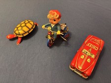 Vintage Tin Toys   Car, Turtle, Boy On Bike
