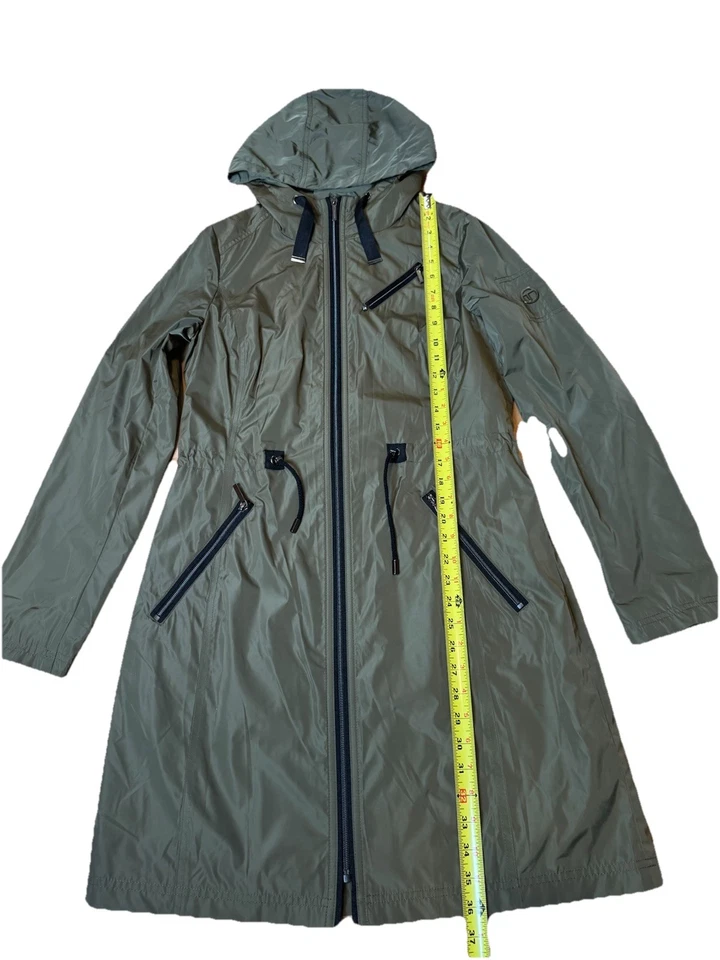 T Tahari Mujer Verde L/S Capucha Cremallera Completa Bolsillos Trench Abrigo de Lluvia Talla Pequeña Foto 4 de 4