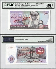 Zaire 500 Zaires, 1984-1985, P-30s, Specimen, PMG 66