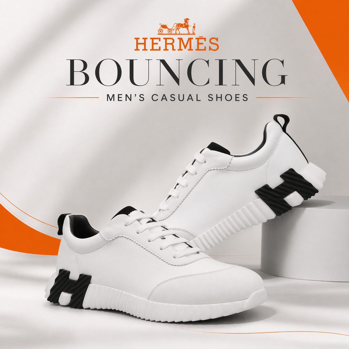 Brand New Hermes Bouncing Men's White Black Orange Round Toe Lace