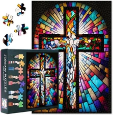 1000 Piece Jigsaw Puzzle for Adults, Stained Glass Cross Christian Design Poster