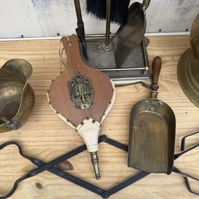 Vintage Brass Fireplace Tool Set Japan + Coal Scuttle Bucket