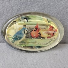 Marjolein Bastin by Hallmark, Glass Paperweight Birds at feeder Blue Cardinal