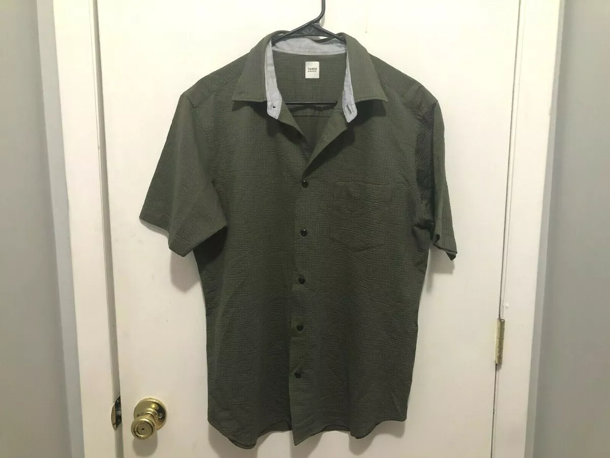 Takeo Kikuchi Short Sleeve Men's Shirt Olive Green Textured