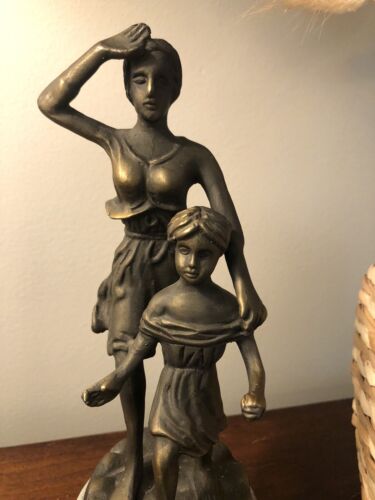 Vtg Metal Women with Girl Figurine 9" Sculpture Marble Base Figure Art Deco - Picture 3 of 9