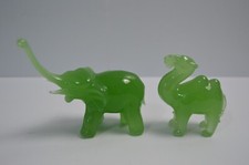 2 Green Jade Glass Animals Elephant & Camel Collectible Made in China Trunk UP