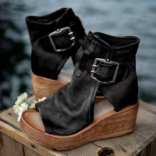 Sandalias huecas de verano para mujer con punta abierta plataforma moda sin cordones retro tacones de cuña - Imagen 20 de 48