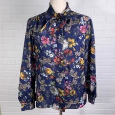 Laura Mae Blouse Women Medium Blue Multi Floral Bow Shirt Liquid Cottage Core