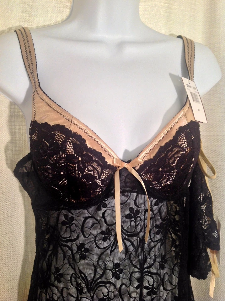 DONNA L'OREN Mujer Talla Mediana SEXY Negro ENCAJE Transparente Juego de Tanga Camisón 2 Piezas  Foto 2 de 4