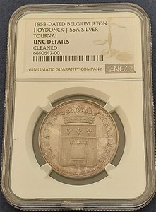 1858 -dated Belgium Silver Jeton,  Tournai Counsil , NGC Unc.  details    # 1967