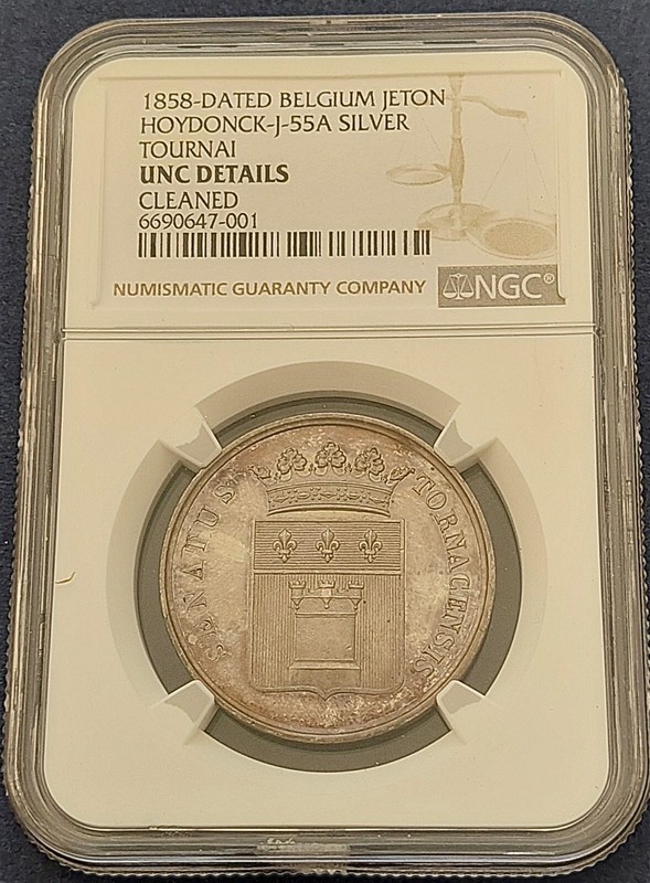 1858 -dated Belgium Silver Jeton,  Tournai Counsil , NGC Unc.  details    # 1967