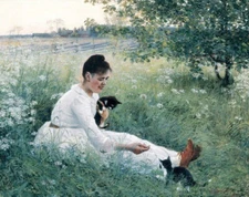 Oil painting Girl-&-cats-in-summer-landscape-Elin-Kleopatra-Danielson-Gambogi