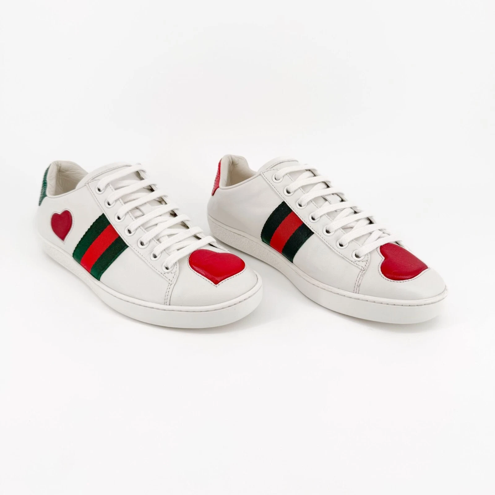 Baskets Gucci Heart Ace EU 37 US 7 cuir blanc chaussures basses à lacets Web rayures