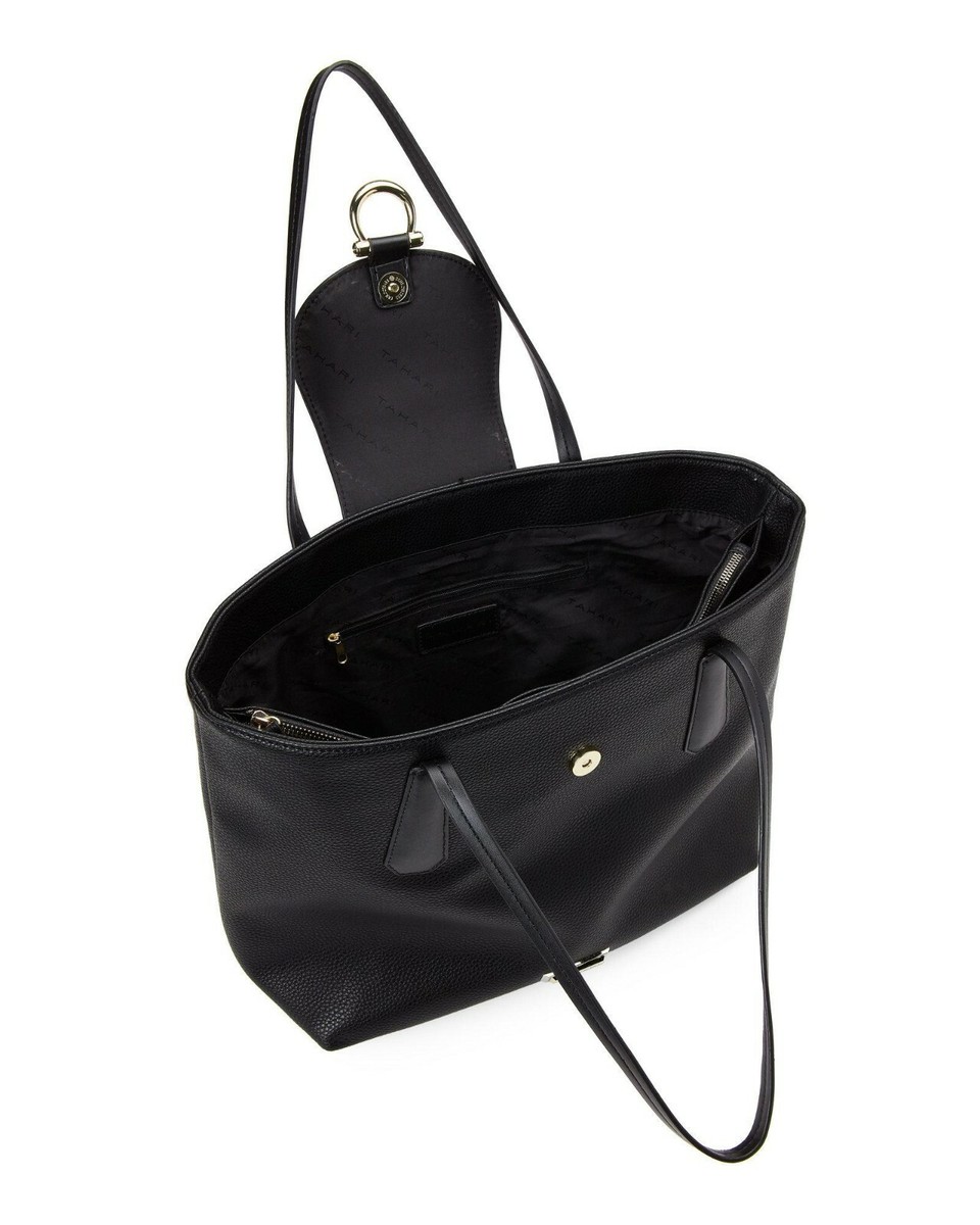 NWT TAHARI Women's 'ACADEMY' Black PEBBLED FAUX-LEATHER LARGE TOTE