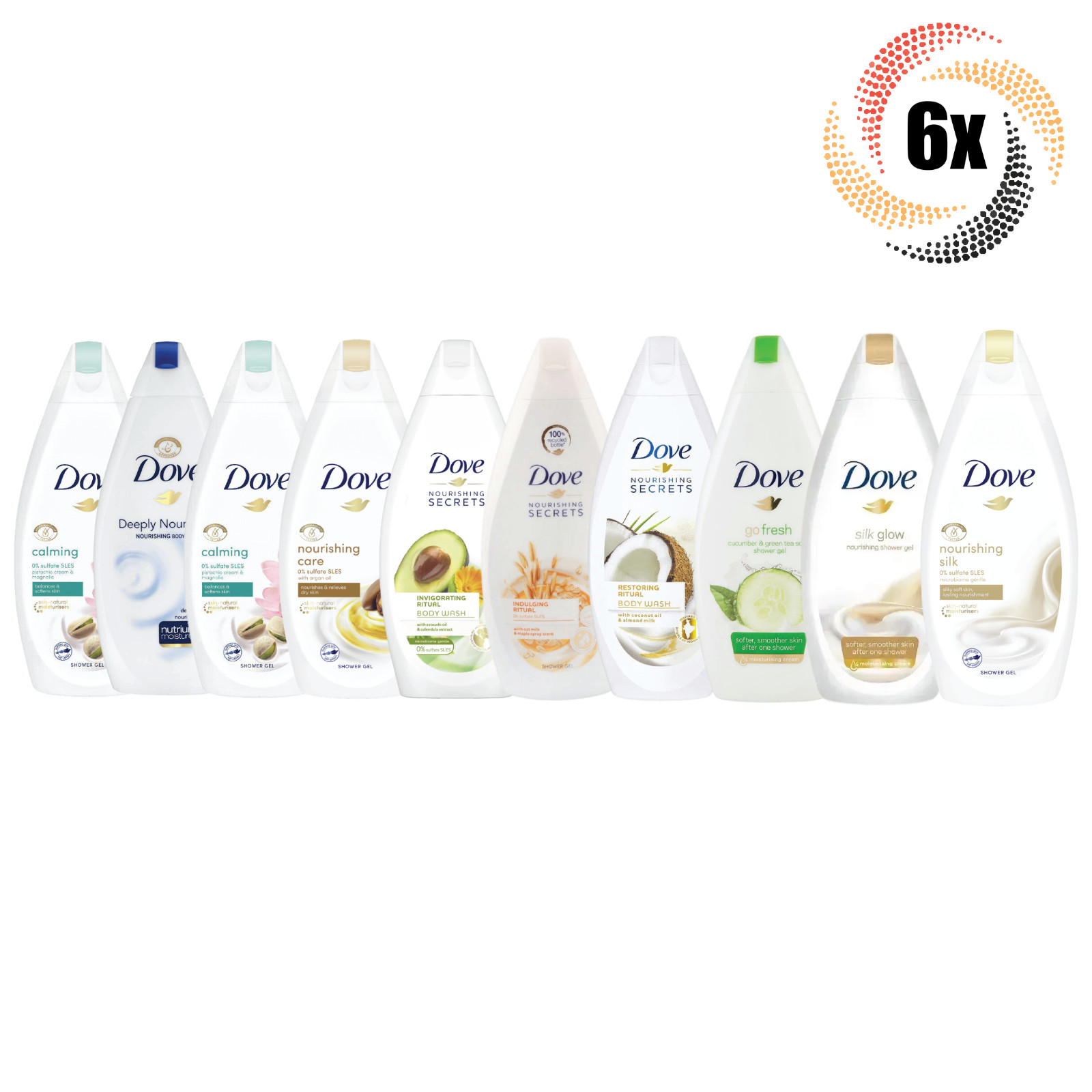 6 флаконов средства для мытья тела с ароматом Dove Variety 500 мл 0 сульфата Смешивай и сочетай 8390₽