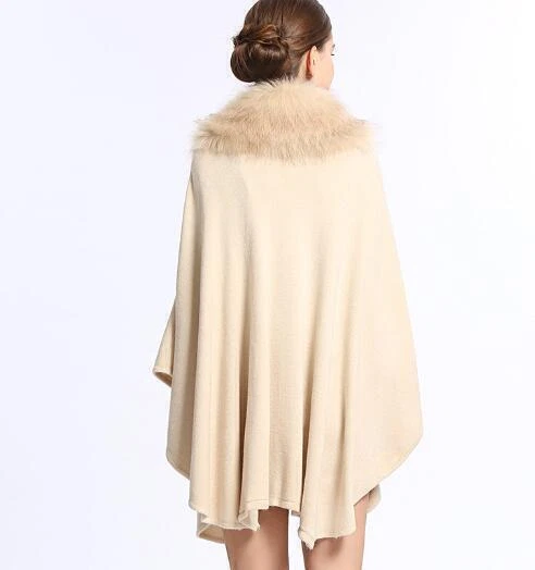 Faux Fox Fur Collar Loose Ladies Oversize Knitted Cape Poncho Western Overcoat - Image 4 of 4