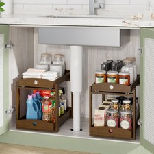 Bamboo Wood Under Sink Organizer 1 Pack, Pull Out Cabinet Organizer 2 Tier Un...