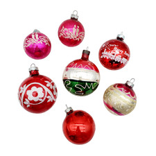 Vintage Red  Pink Stenciled Glass Ball Christmas Ornaments Lot of 7  USA