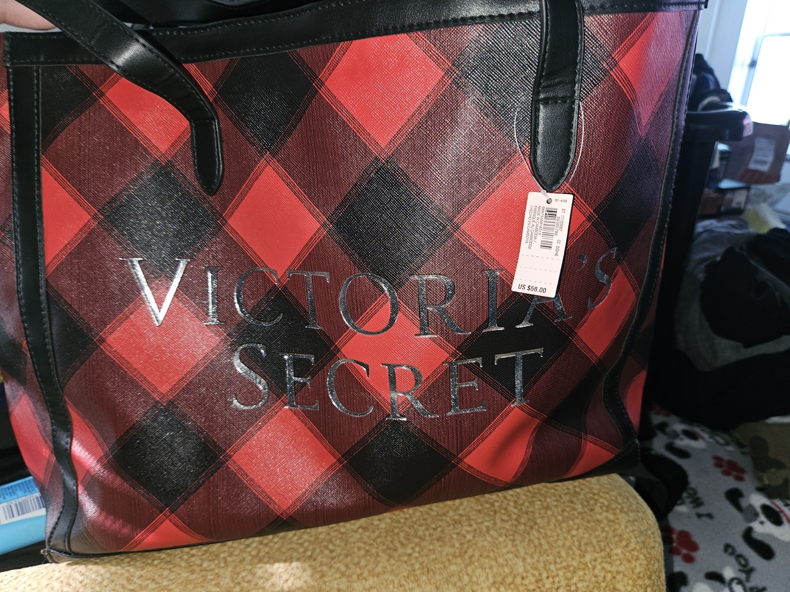 Victoria's Secret Red Black Plaid Logo Large Tote Bag Double Handles Open