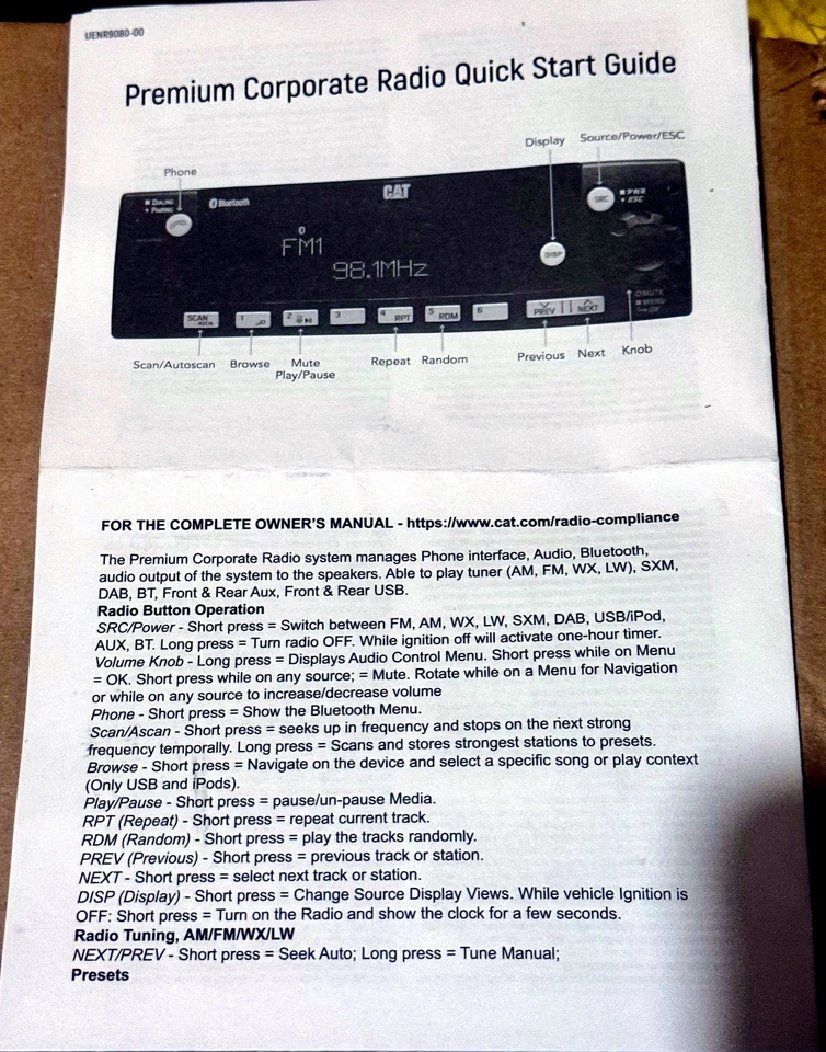 Caterpillar CAT 高级企业收音机 12V - P/N 585- 1578 调幅/调频蓝牙 USB  — 第 4/4 张图片