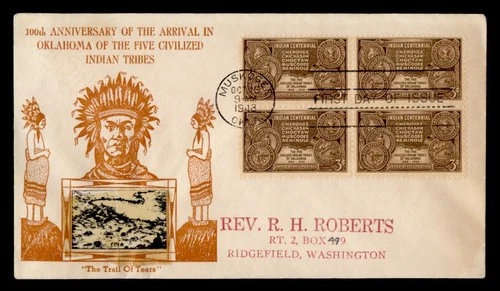 DR WHO 1948 FDC INDIAN TRIBE CENTENNIAL BLOCK CROSBY CACHET M75283