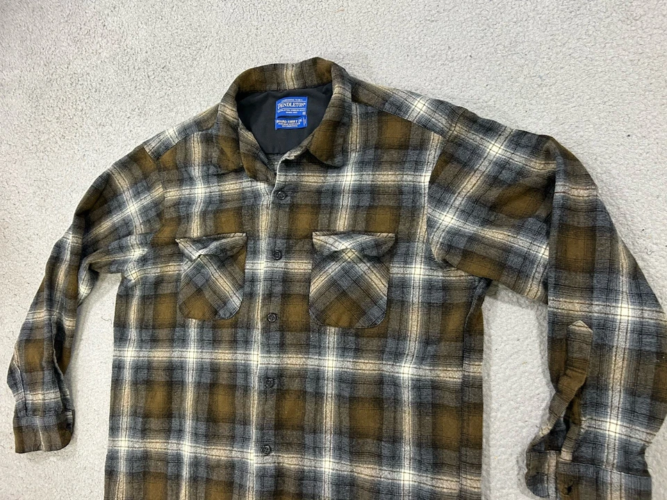 Vintage Pendleton Board Shirt Jac Mens Large Green Brown 90s Loop Collar Flannel - Image 2 of 4
