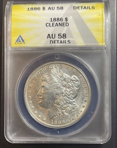 1886-P   90% Silver MORGAN DOLLAR  ANACS   AU-58  DEATAILS "Cleaned"