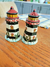 CERAMIC LIGHTHOUSE SALT AND PEPPER SHAKERS 4-1/4" TALL