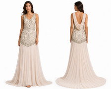 SUE WONG Nocturne Blush Nude Embellished Cowl Drape Pleated Chiffon Maxi Gown 8