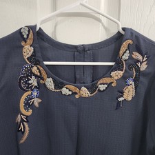Blue woven 3/4 sleeve Kurti tunic intricate beading lightweight embellished MED