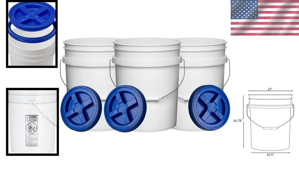 Plastic Bucket Pail Food Grade 5 Gallon Pack of 3 with Blue Lid Food Storage - Image 2 of 4