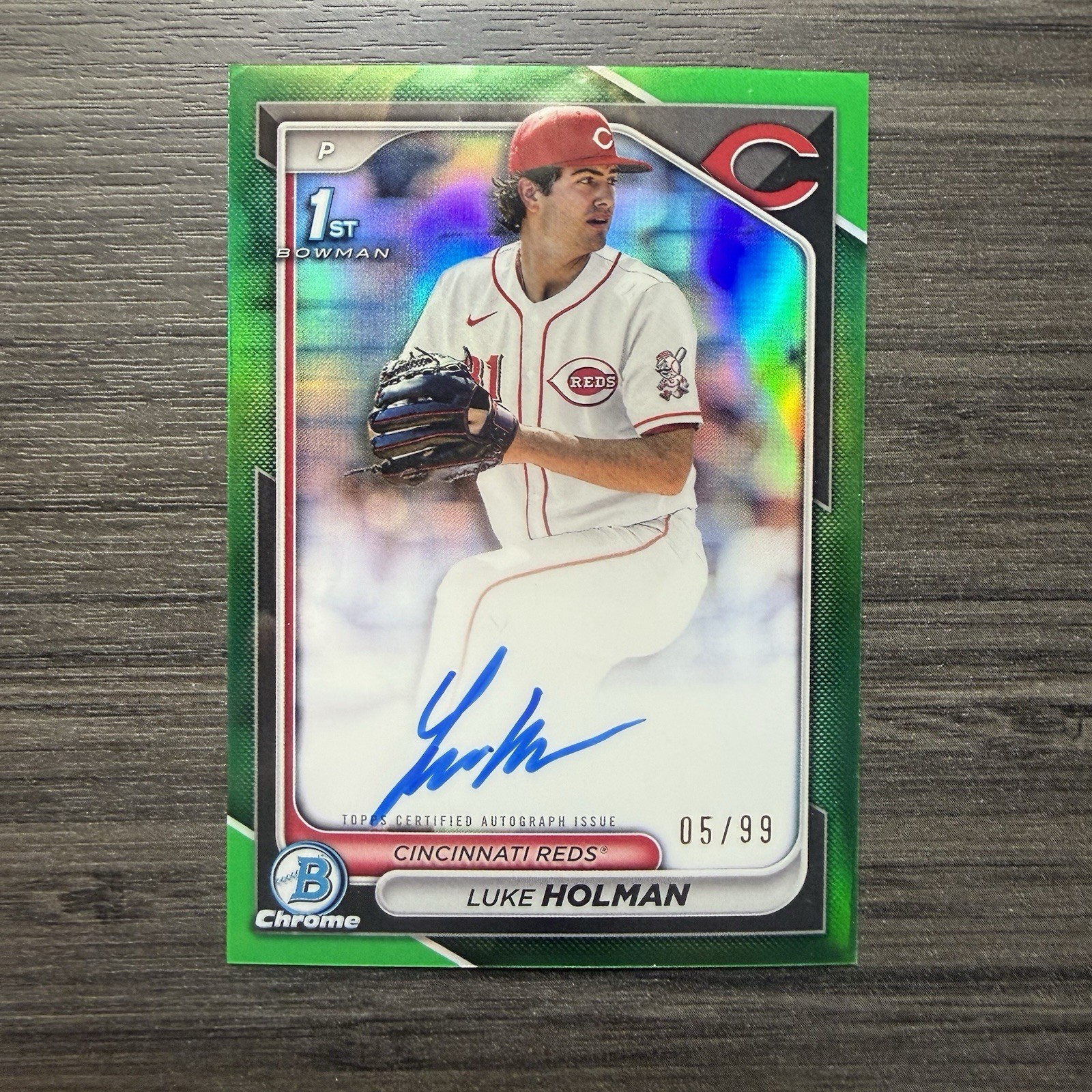 2024 Bowman Chrome Prospects Luke Holman 1st Bowman Green Auto /99 Reds