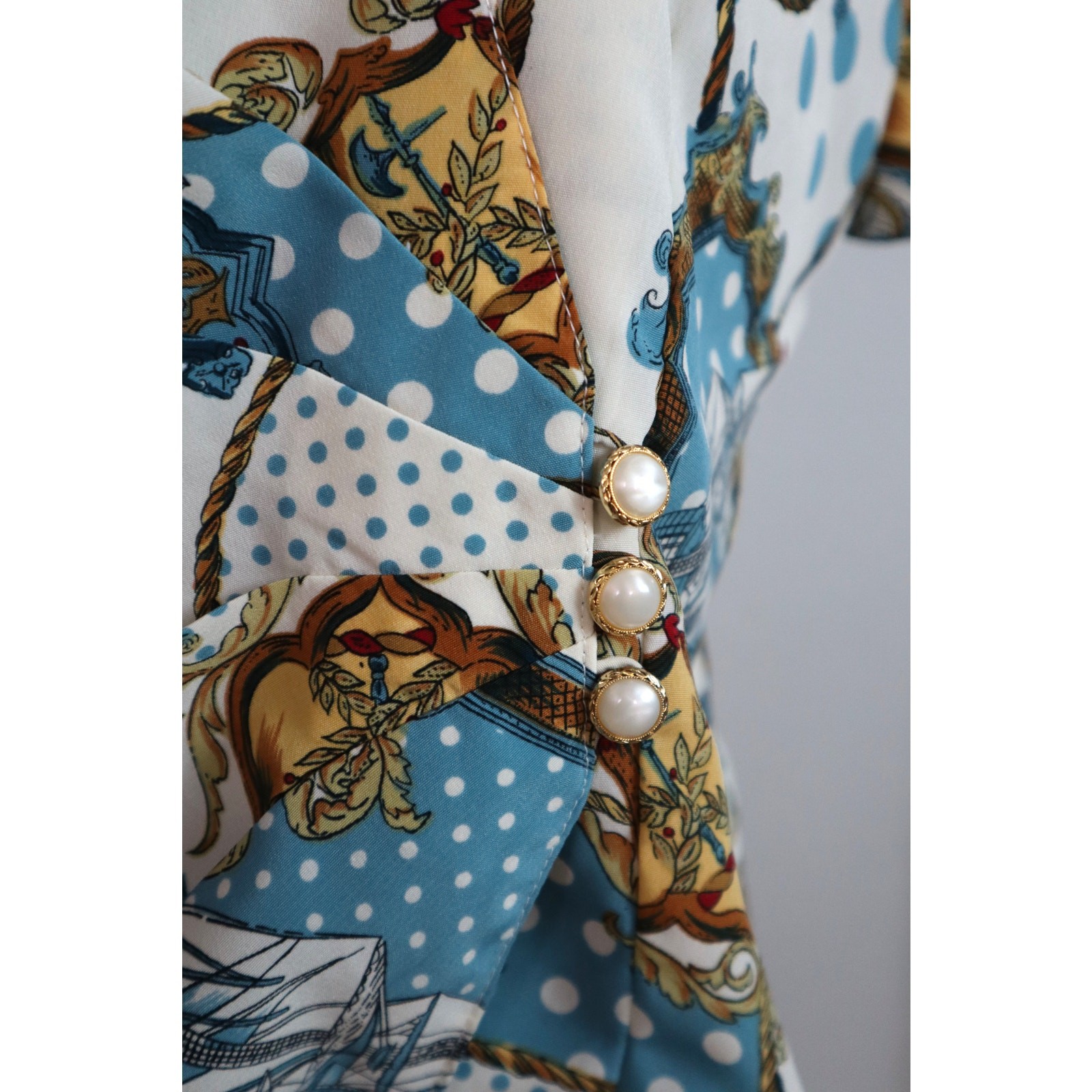 Vintage 80s SILK Skirt Suit Nautical Polka Dot Pearl Buttons small