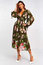 ASOS DESIGN olive/Brown Floral Pleated Belted Flare V-Neck Dress US 12