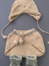 Antique Infant Pale Yellow w/ Blue Accents Knitted Bonnet, Shorts And Socks