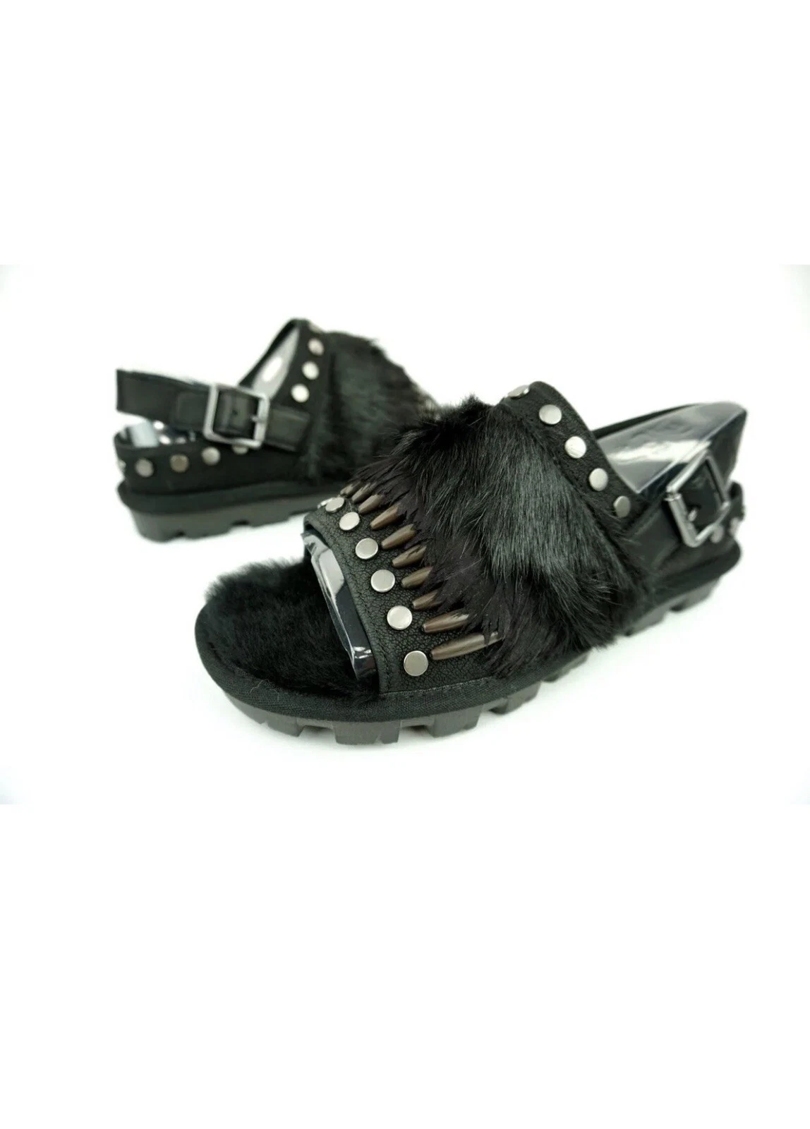 SANDALI SLINGBACK IN PELLICCIA DI PIUMA NERI UGG BIKER CHIC BORCHIE MISURA US 6 5