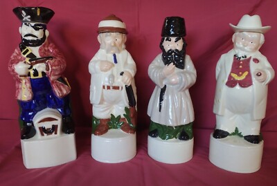 4 Vintage Alberta's Decanters Hand Painted Pirate Kentucky Man Russian & Hunter