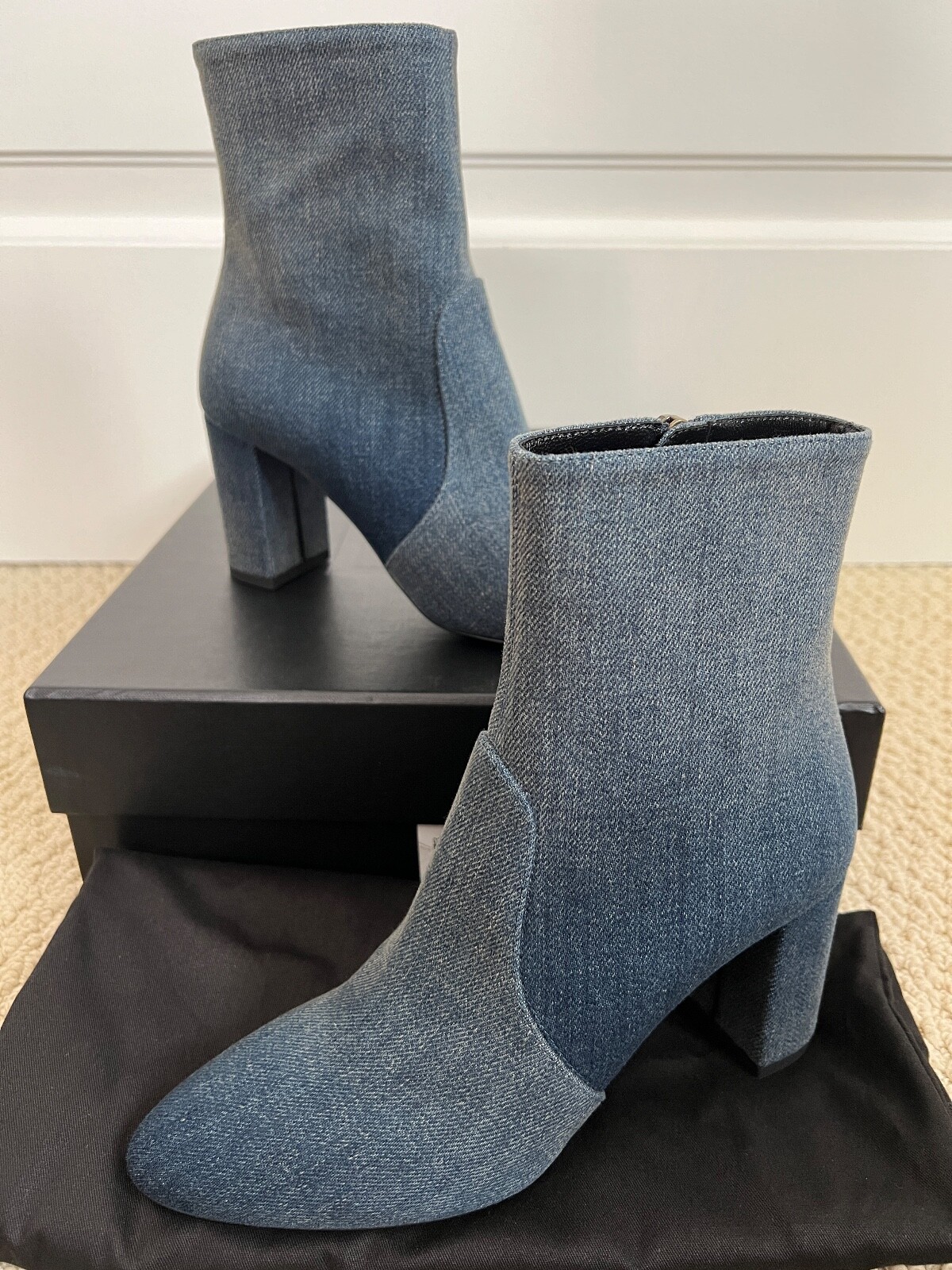 Stivaletti nuovi con scatola Saint Laurent YSL Lou blu jeans denim cerniera tacco a blocco 37 7 $1195