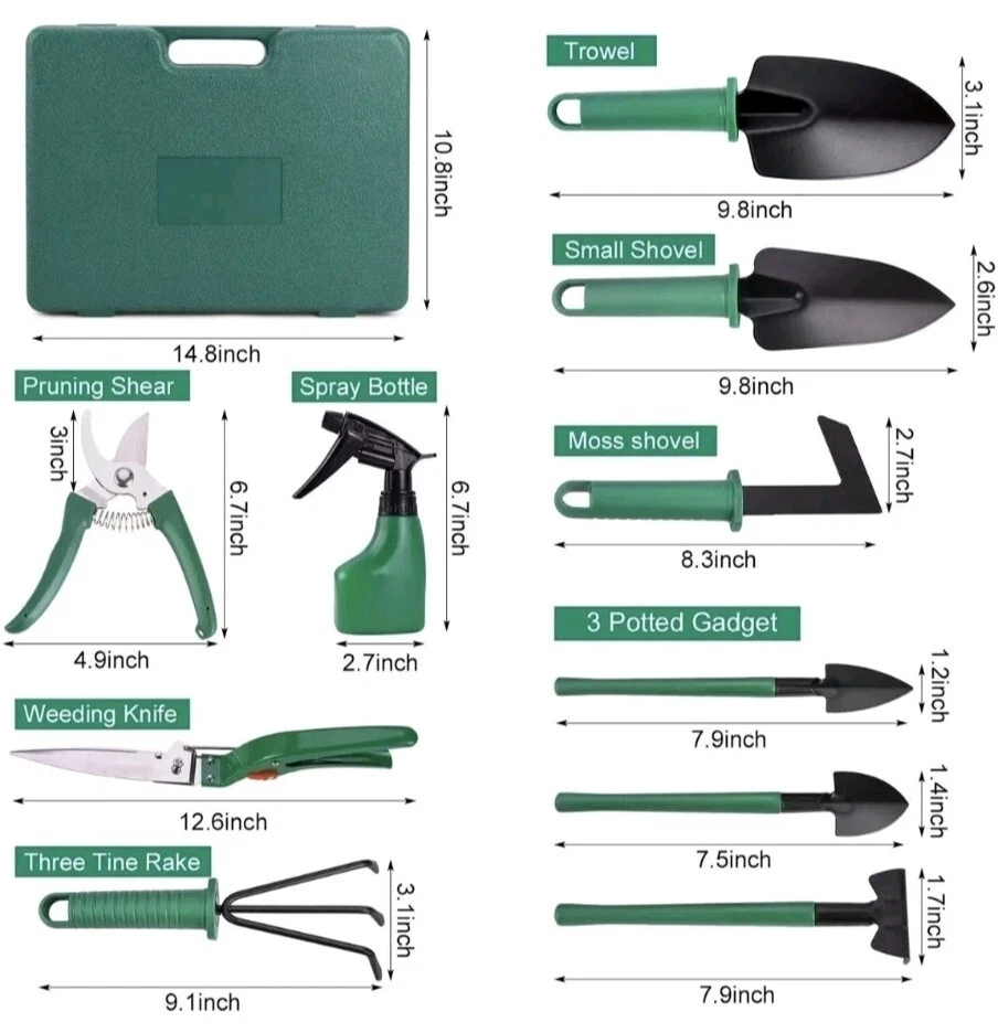 Gardening Tools Set 10 Pieces Garden Tools Kit Green Brand New