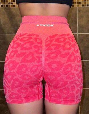 Xticca Womens High Waist Seamless Workout Shorts Pink Leopard Print Biker Small