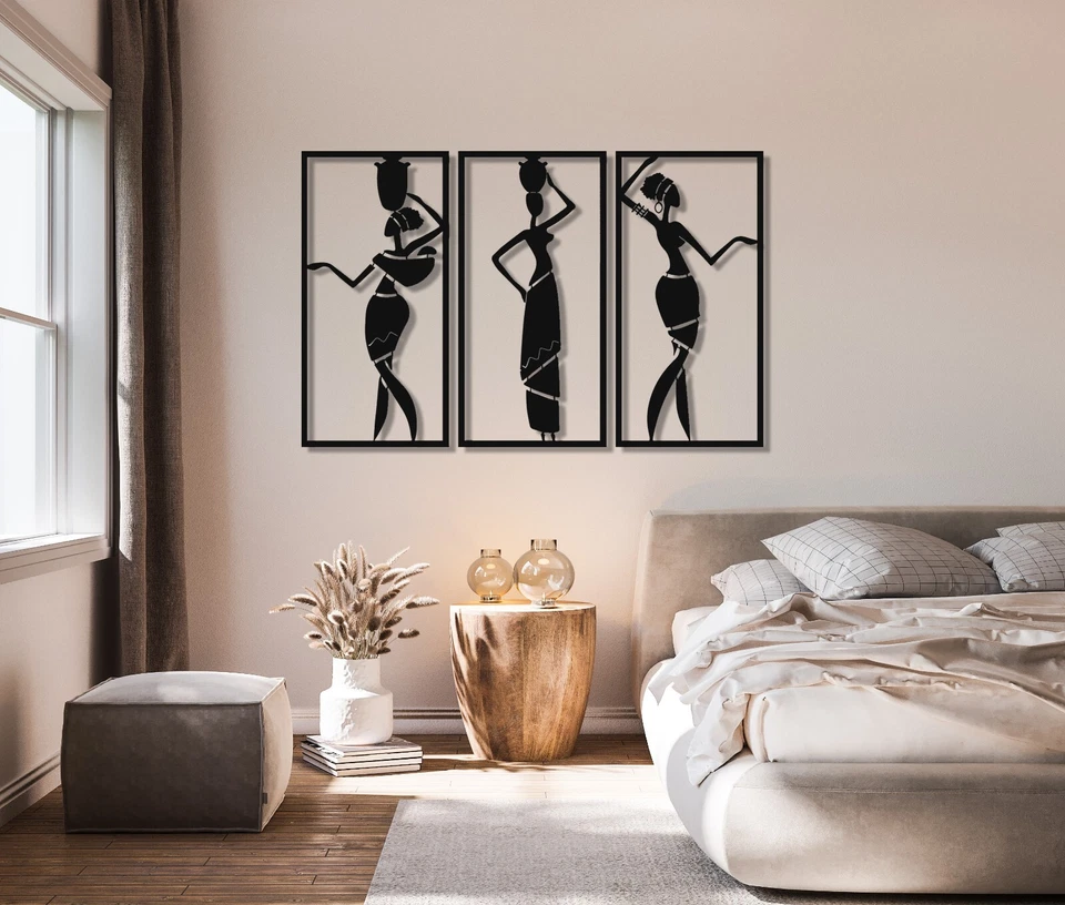 Arte de pared de metal para mujeres africanas de 3 piezas, decoración de pared para mujeres negras, escultura de pared Foto 3 de 4