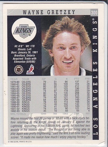 G) 1993-94 Score Hockey Trading Card - Wayne Gretzky #300 - Picture 2 of 2