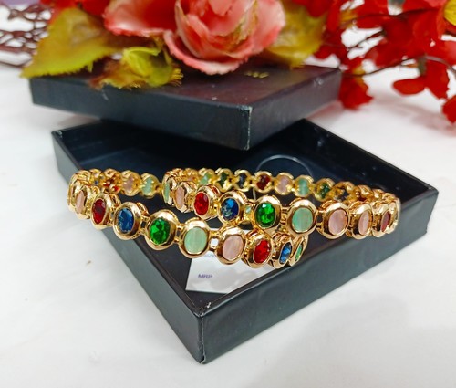 Indian CZ Multi Stone Studded Bangles Bracelets Gold Plated Party Wear Jewelry - Picture 2 of 6